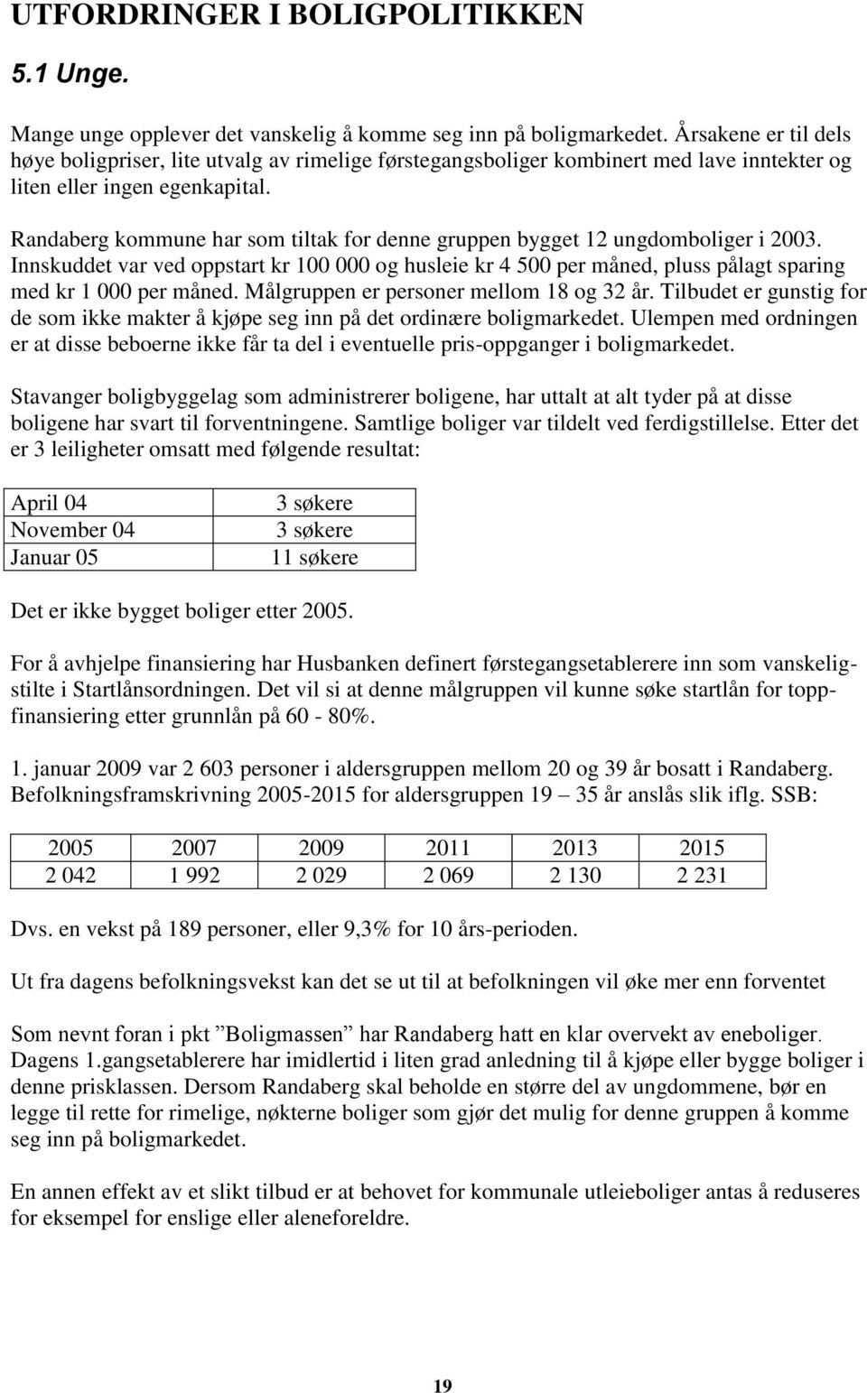 Randaberg kommune har som tiltak for denne gruppen bygget 12 ungdomboliger i 2003. Innskuddet var ved oppstart kr 100 000 og husleie kr 4 500 per måned, pluss pålagt sparing med kr 1 000 per måned.