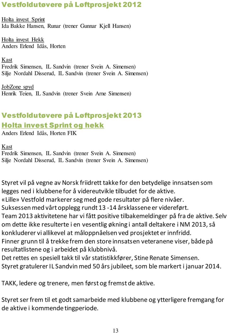 Simensen) JobZone spyd Henrik Teien, IL Sandvin (trener Svein Arne Simensen) Vestfoldutøvere på Løftprosjekt 2013 Holta invest Sprint og hekk Anders Erlend Idås, Horten FIK Kast Fredrik Simensen, IL