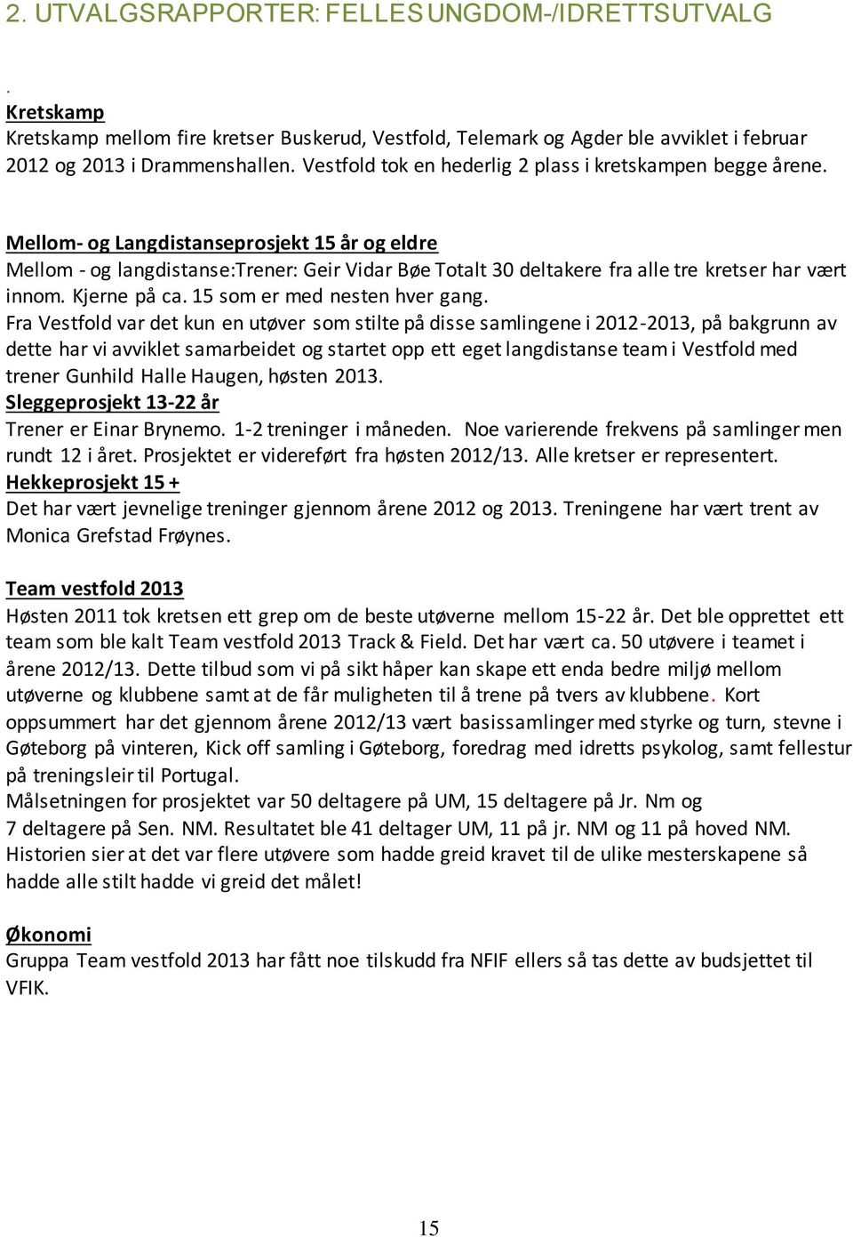 Mellom- og Langdistanseprosjekt 15 år og eldre Mellom - og langdistanse:trener: Geir Vidar Bøe Totalt 30 deltakere fra alle tre kretser har vært innom. Kjerne på ca. 15 som er med nesten hver gang.