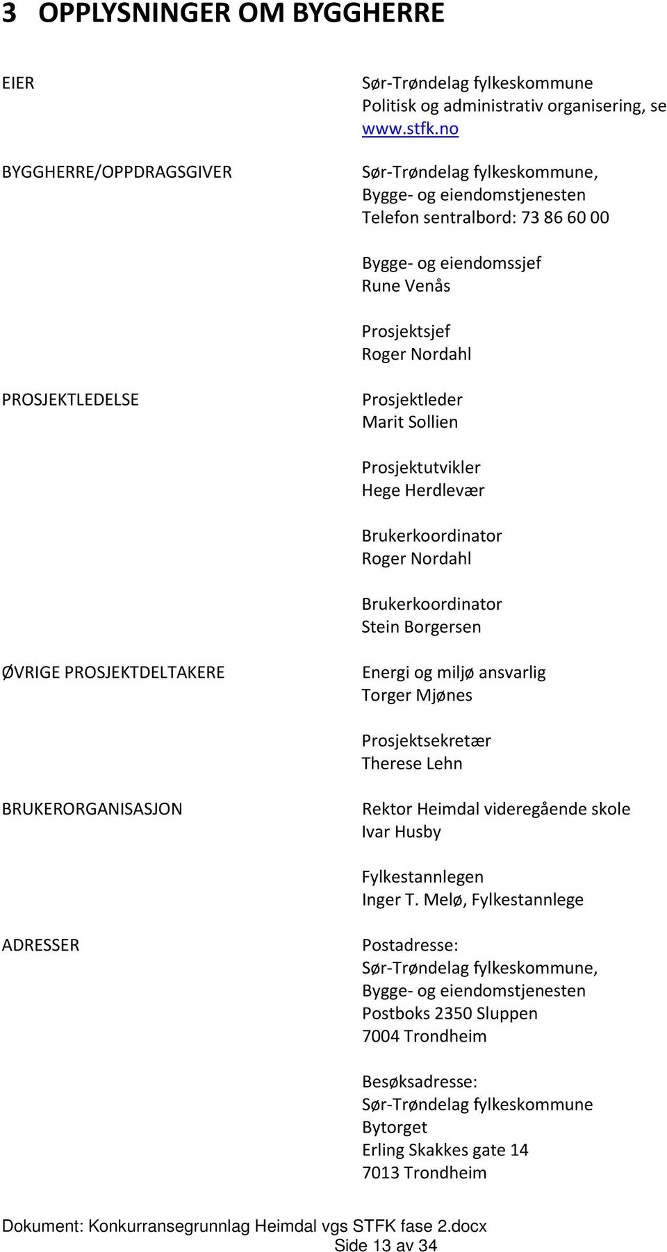 Prosjektutvikler Hege Herdlevær Brukerkoordinator Roger Nordahl Brukerkoordinator Stein Borgersen ØVRIGE PROSJEKTDELTAKERE Energi og miljø ansvarlig Torger Mjønes Prosjektsekretær Therese Lehn