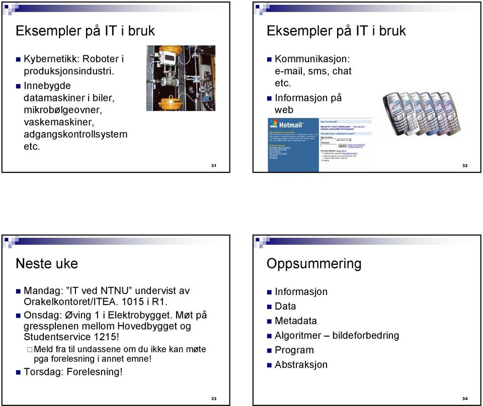 Eksempler på IT i bruk Kommunikasjon: e-mail, sms, chat etc. Informasjon på web 31 32 Neste uke Mandag: IT ved NTNU undervist av Orakelkontoret/ITEA.