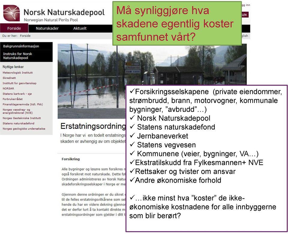 Naturskadepool Statens naturskadefond Jernbaneverket Statens vegvesen Kommunene (veier, bygninger, VA ) Ekstratilskudd fra