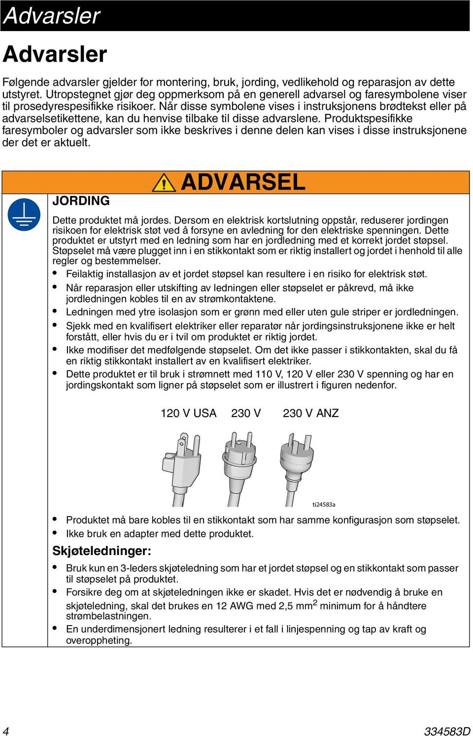 Når disse symbolene vises i instruksjonens brødtekst eller på advarselsetikettene, kan du henvise tilbake til disse advarslene.