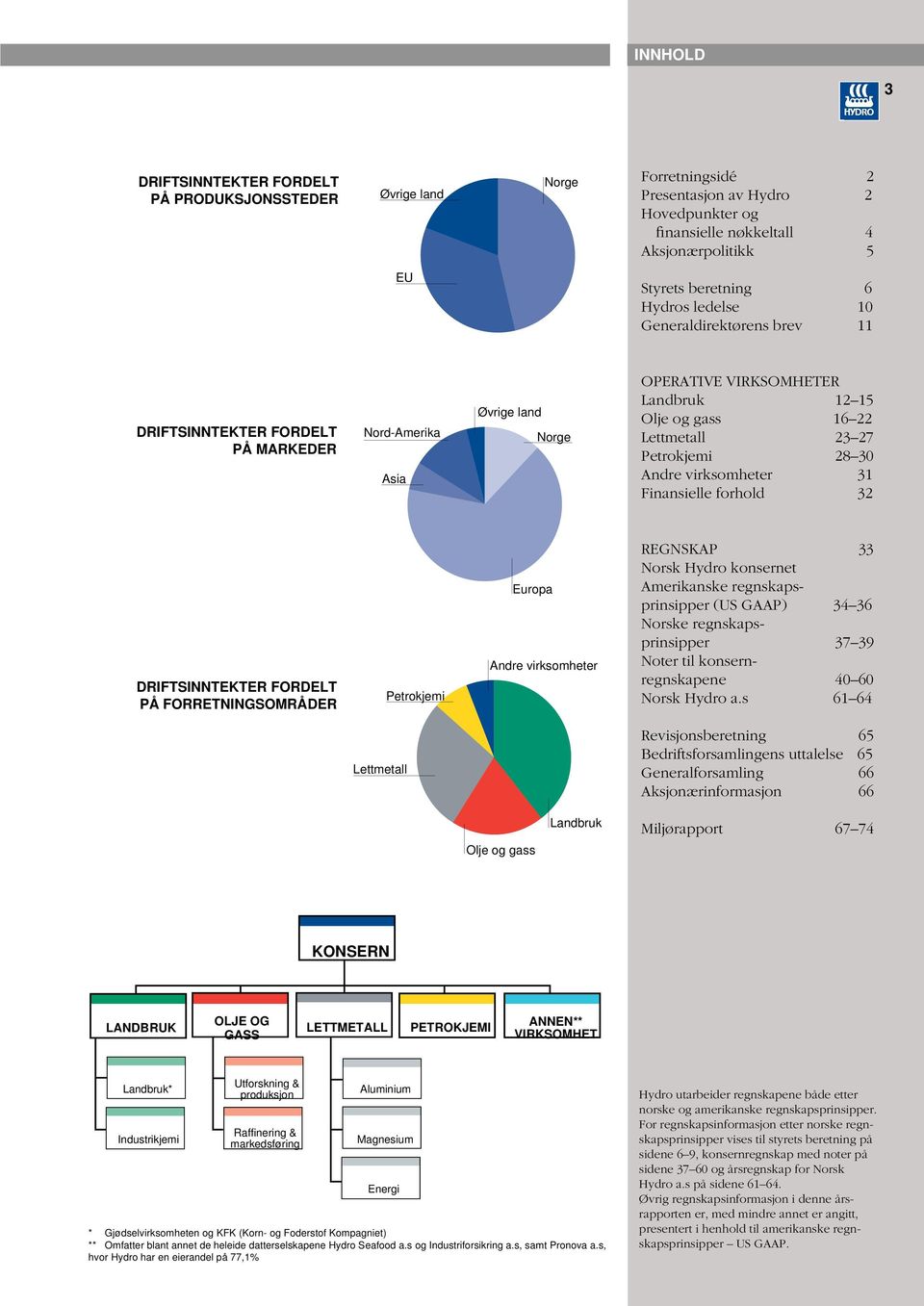 Petrokjemi 28 30 Andre virksomheter 31 Finansielle forhold 32 DRIFTSINNTEKTER FORDELT PÅ FORRETNINGSOMRÅDER Petrokjemi Europa Andre virksomheter REGNSKAP 33 Norsk Hydro konsernet Amerikanske