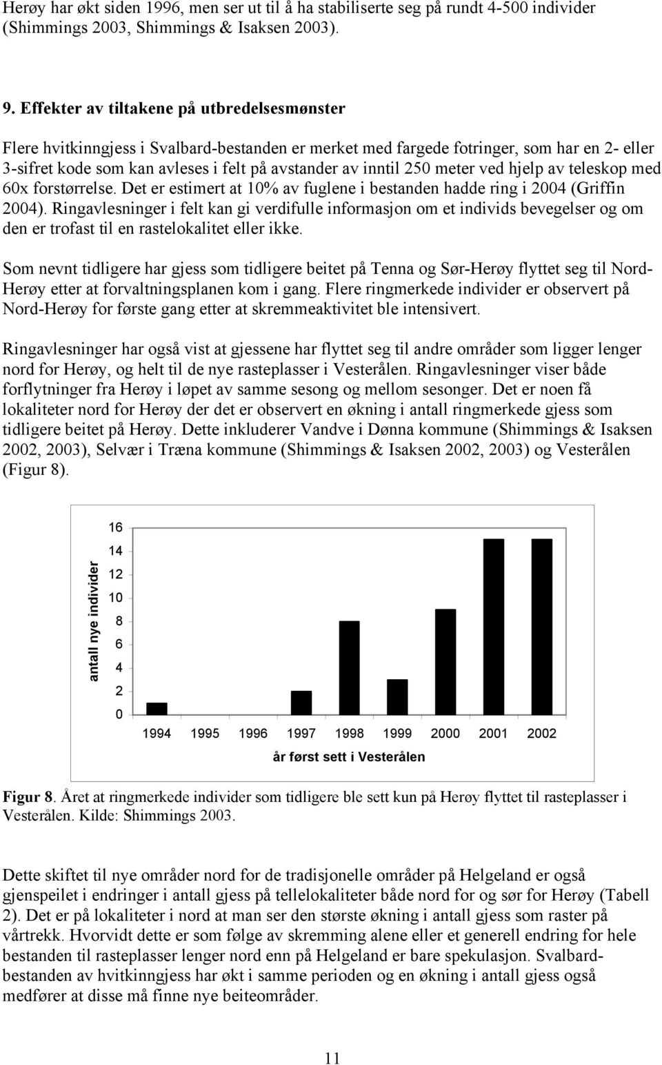 250 meter ved hjelp av teleskop med 60x forstørrelse. Det er estimert at 10% av fuglene i bestanden hadde ring i 2004 (Griffin 2004).