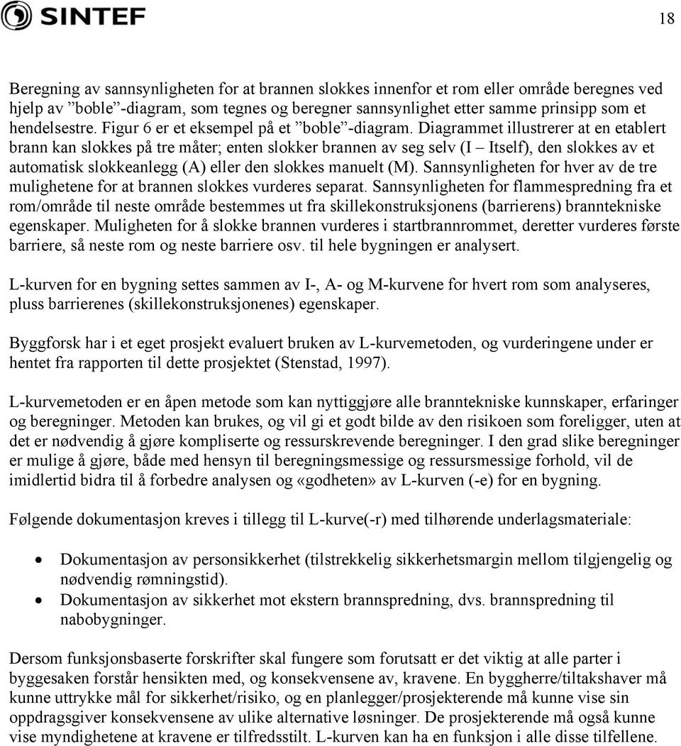 Diagrammet illustrerer at en etablert brann kan slokkes på tre måter; enten slokker brannen av seg selv (I Itself), den slokkes av et automatisk slokkeanlegg (A) eller den slokkes manuelt (M).