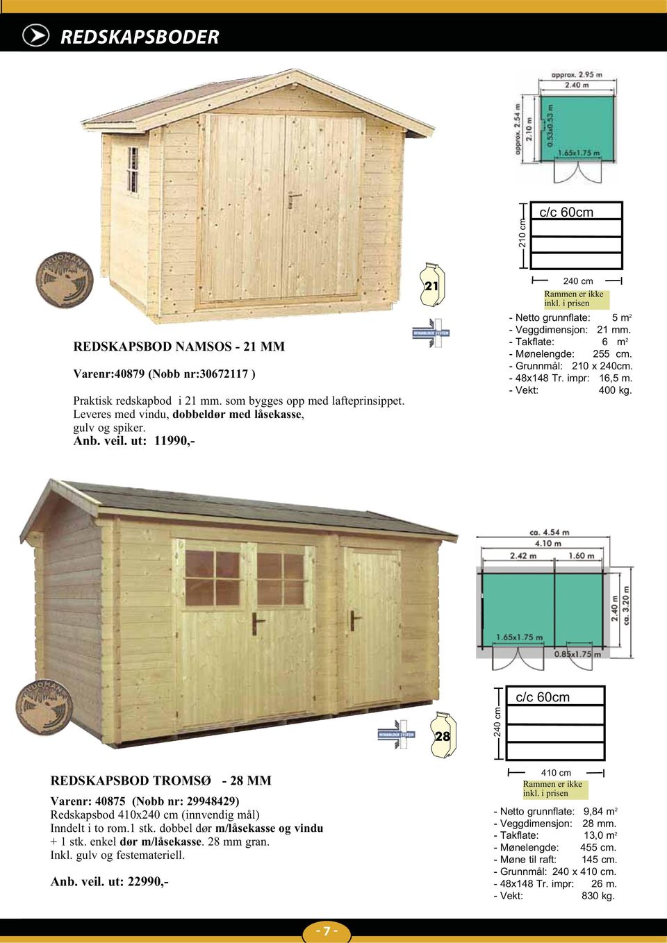 - Takflate: 6 m 2 - Mønelengde: 255 cm. - Grunnmål: 210 x 240cm. - 48x148 Tr. impr: 16,5 m. - Vekt: 400 kg.