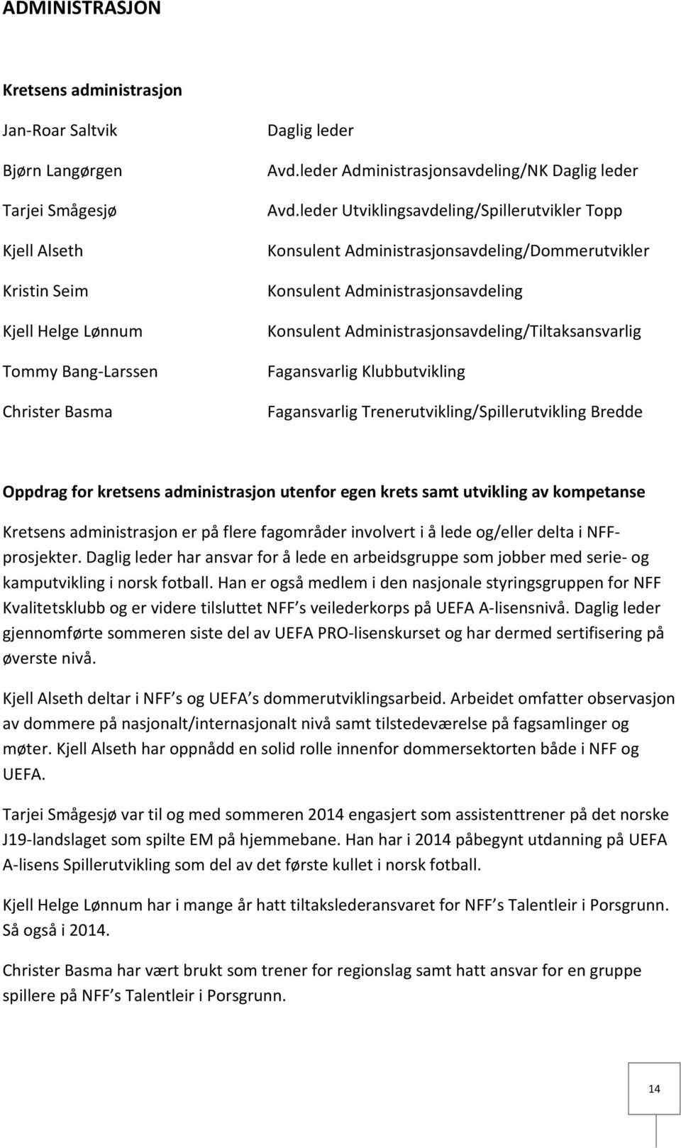 leder Utviklingsavdeling/Spillerutvikler Topp Konsulent Administrasjonsavdeling/Dommerutvikler Konsulent Administrasjonsavdeling Konsulent Administrasjonsavdeling/Tiltaksansvarlig Fagansvarlig