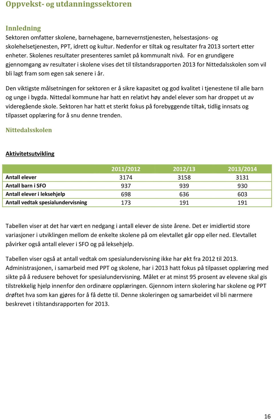 For en grundigere gjennomgang av resultater i skolene vises det til tilstandsrapporten 2013 for Nittedalsskolen som vil bli lagt fram som egen sak senere i år.