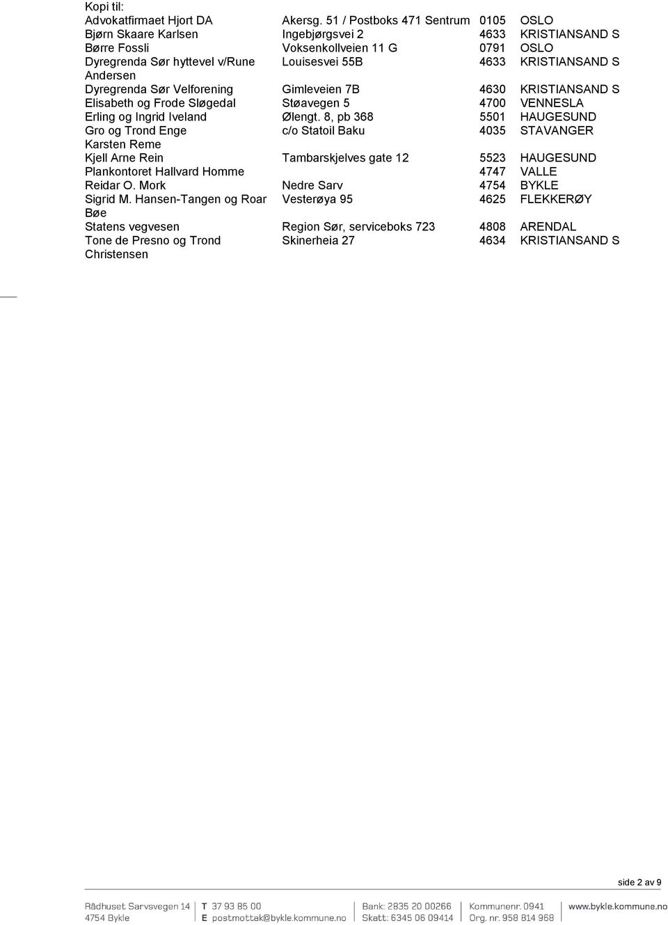 KRISTIANSAND S Andersen Dyregrenda Sør Velforening Gimleveien 7B 4630 KRISTIANSAND S Elisabeth og Frode Sløgedal Støavegen 5 4700 VENNESLA Erling og Ingrid Iveland Ølengt.