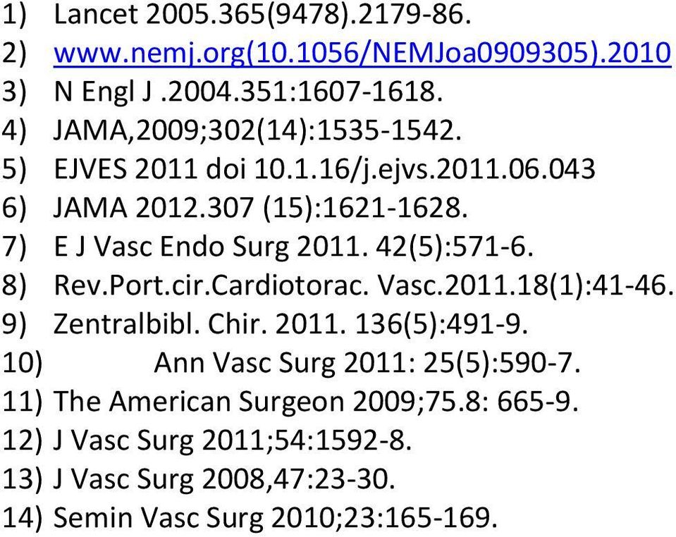 7) E J Vasc Endo Surg 2011. 42(5):571-6. 8) Rev.Port.cir.Cardiotorac. Vasc.2011.18(1):41-46. 9) Zentralbibl. Chir. 2011. 136(5):491-9.