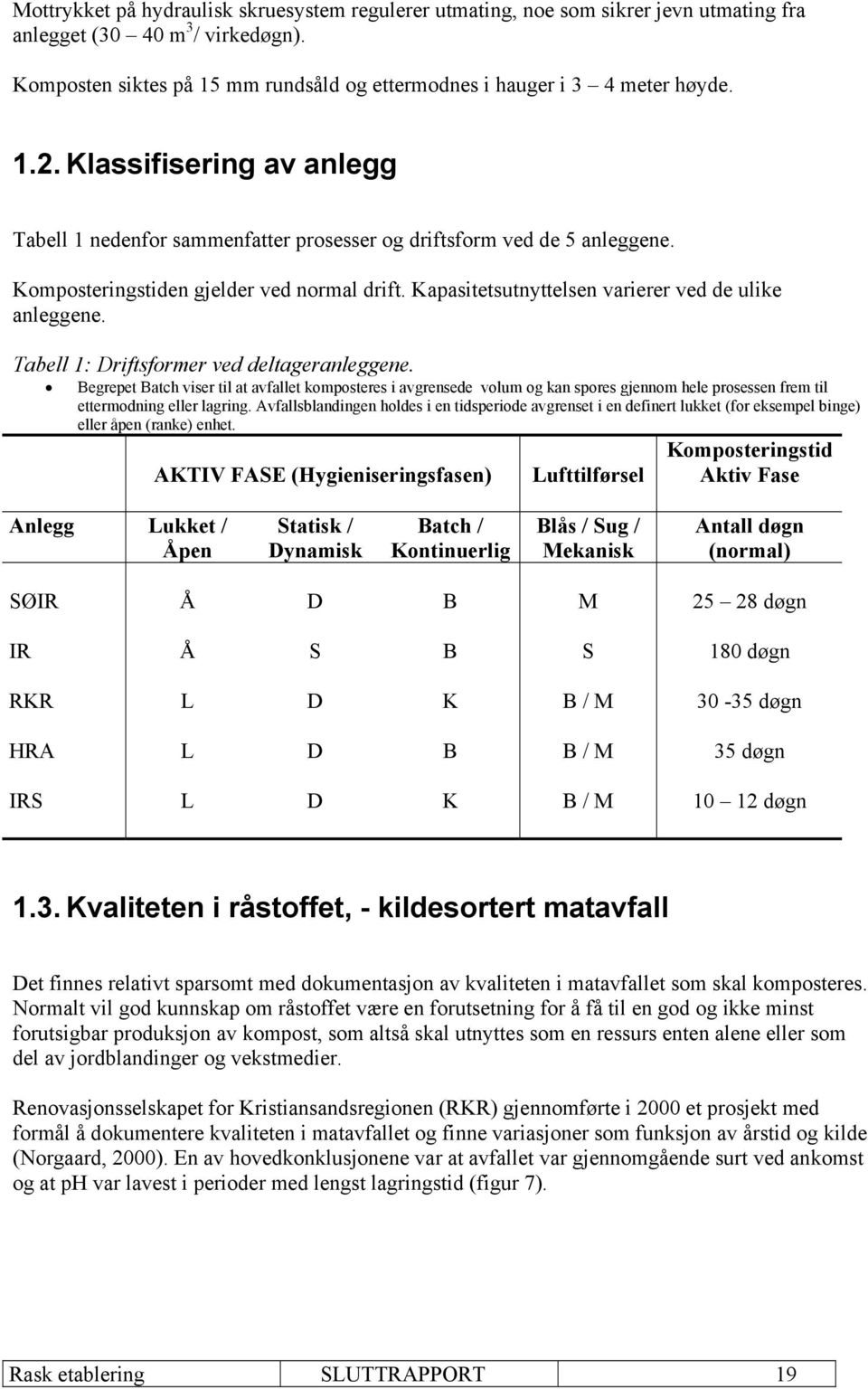 Komposteringstiden gjelder ved normal drift. Kapasitetsutnyttelsen varierer ved de ulike anleggene. Tabell 1: Driftsformer ved deltageranleggene.