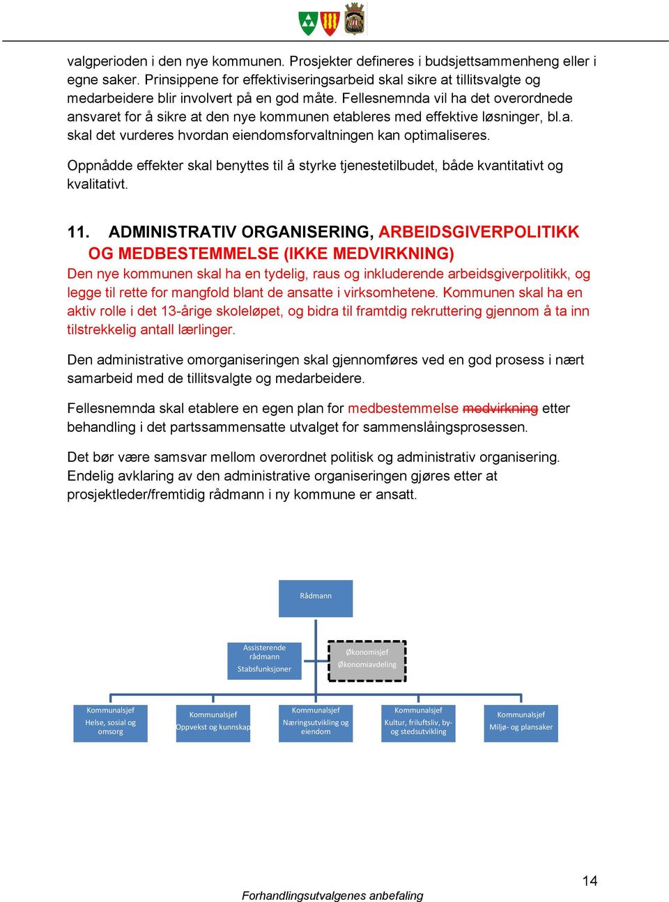 Fellesnemnda vil ha det overordnede ansvaret for å sikre at den nye kommunen etableres med effektive løsninger, bl.a. skal det vurderes hvordan eiendomsforvaltningen kan optimaliseres.