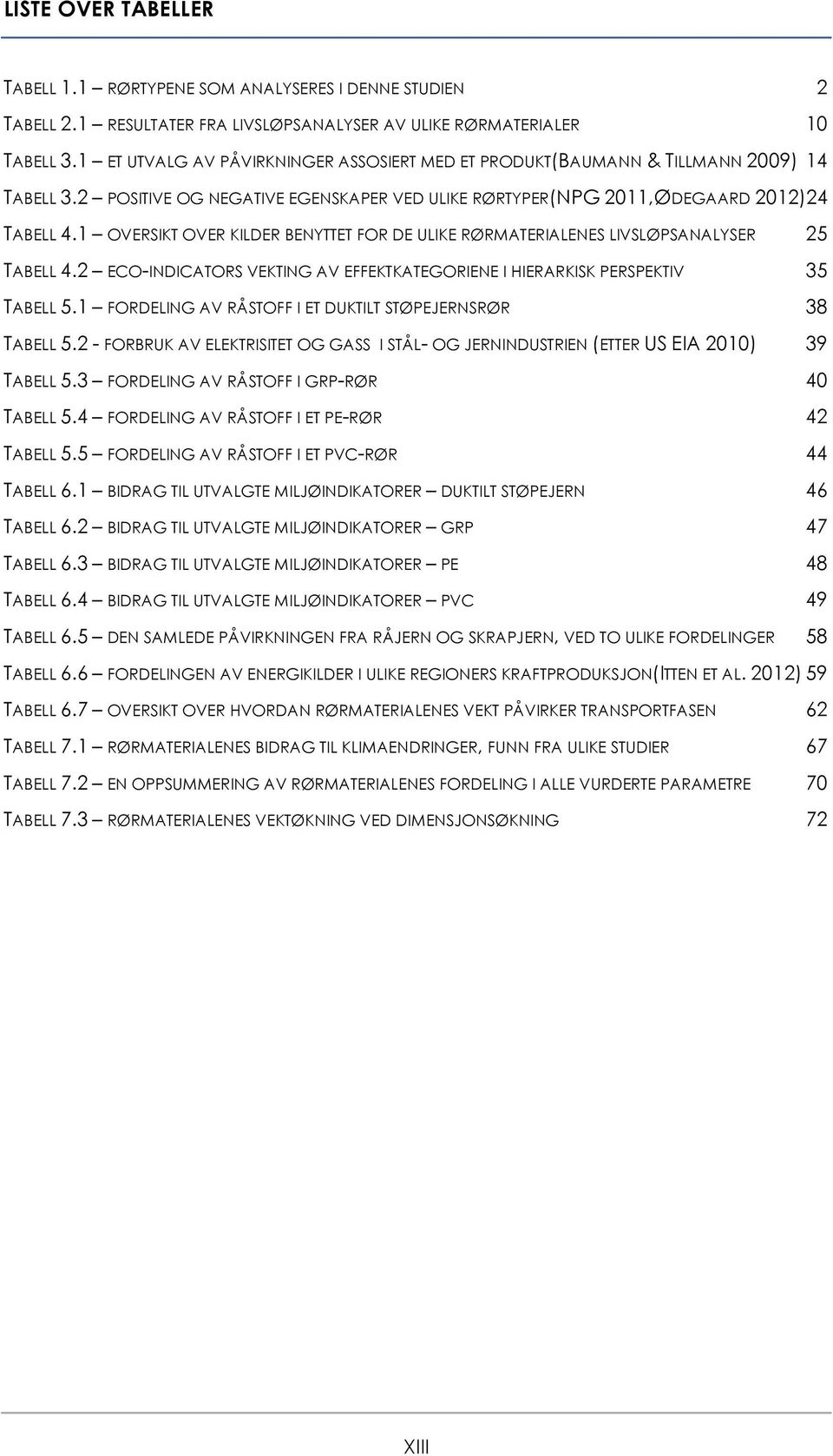 1 OVERSIKT OVER KILDER BENYTTET FOR DE ULIKE RØRMATERIALENES LIVSLØPSANALYSER 25 TABELL 4.2 ECO-INDICATORS VEKTING AV EFFEKTKATEGORIENE I HIERARKISK PERSPEKTIV 35 TABELL 5.