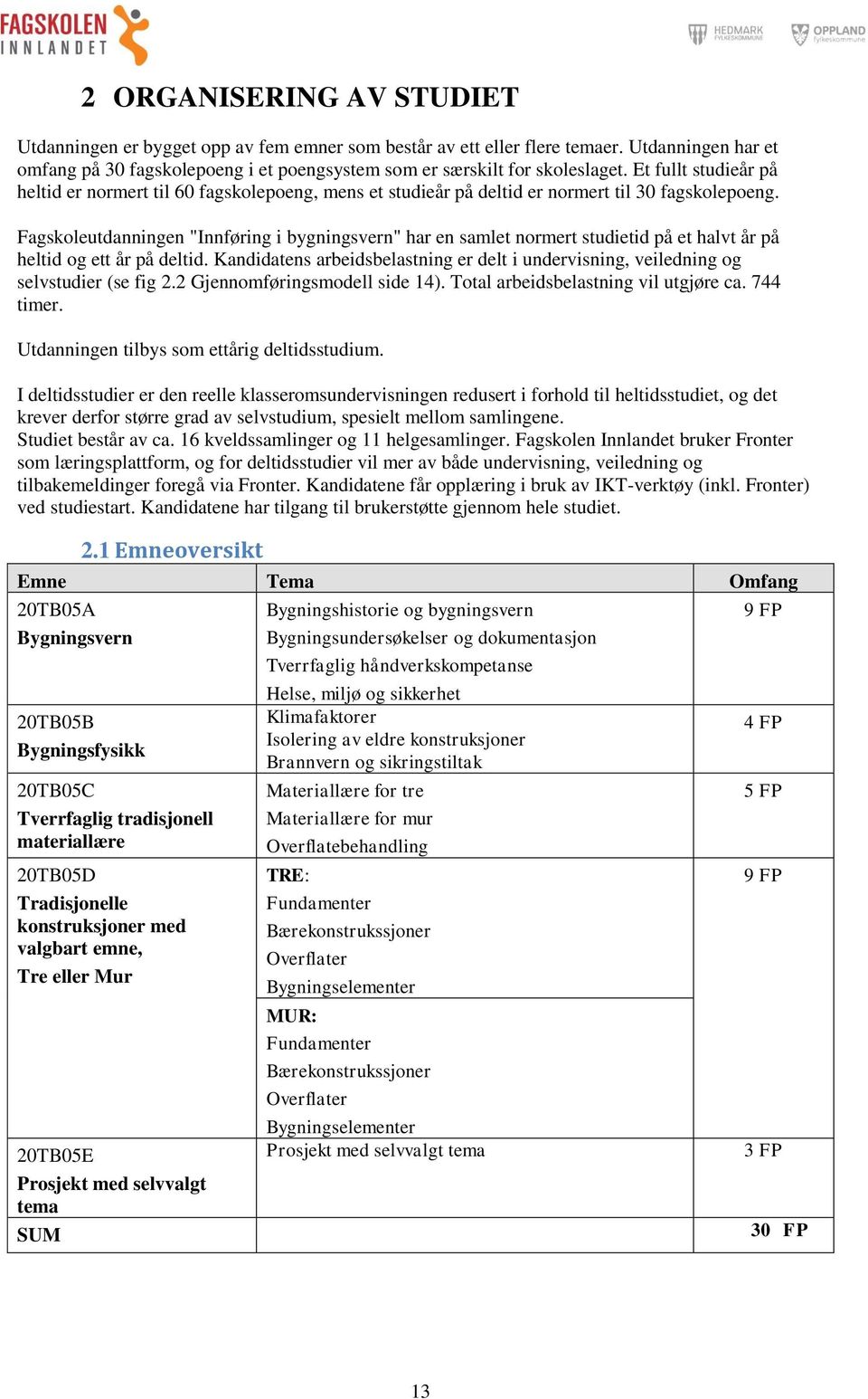 Fagskoleutdanningen "Innføring i bygningsvern" har en samlet normert studietid på et halvt år på heltid og ett år på deltid.