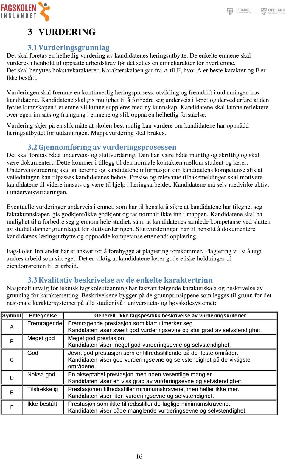 Karakterskalaen går fra A til F, hvor A er beste karakter og F er Ikke bestått. Vurderingen skal fremme en kontinuerlig læringsprosess, utvikling og fremdrift i utdanningen hos kandidatene.