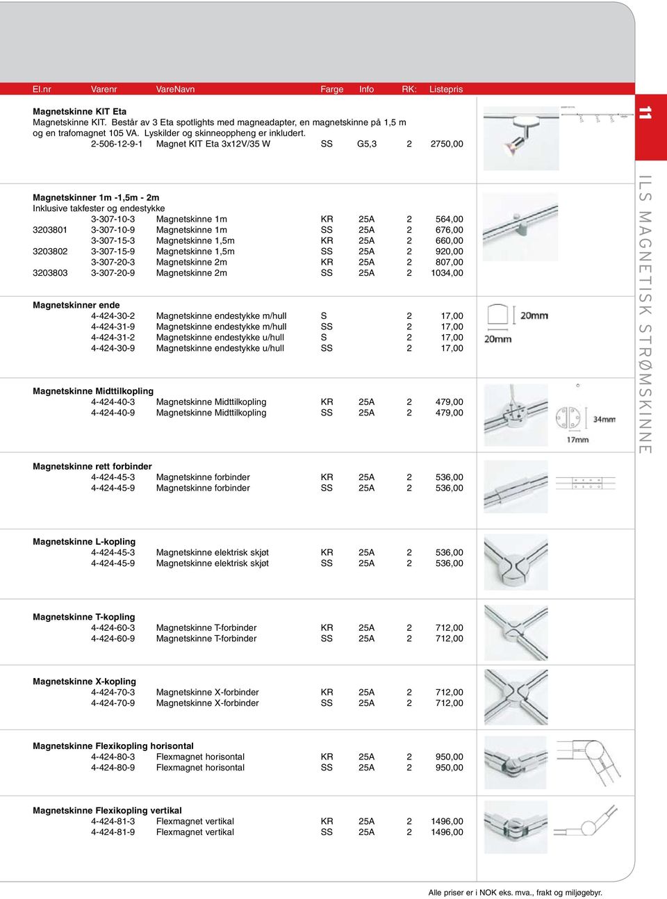 2-506-12-9-1 Magnet KIT Eta 3x12V/35 W SS G5,3 2 2750,00 Magnetskinner 1m -1,5m - 2m Inklusive takfester og endestykke 3-307-10-3 Magnetskinne 1m KR 25A 2 564,00 3203801 3-307-10-9 Magnetskinne 1m SS