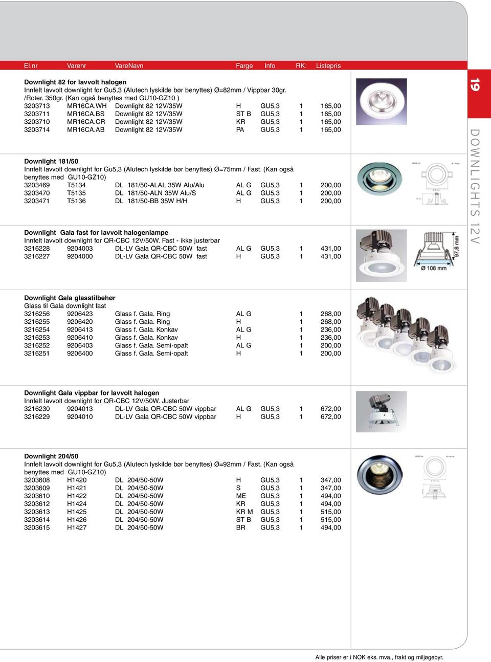 CR Downlight 82 12V/35W KR GU5,3 1 165,00 3203714 MR16CA.AB Downlight 82 12V/35W PA GU5,3 1 165,00 Downlight 181/50 Innfelt lavvolt downlight for Gu5,3 (Alutech lyskilde bør benyttes) Ø=75mm / Fast.