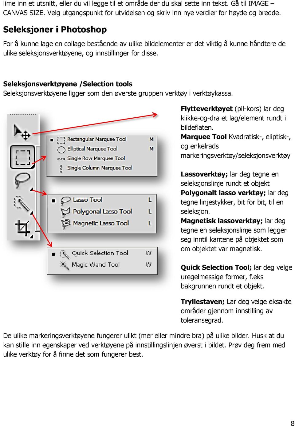 Seleksjonsverktøyene /Selection tools Seleksjonsverktøyene ligger som den øverste gruppen verktøy i verktøykassa. Flytteverktøyet (pil-kors) lar deg klikke-og-dra et lag/element rundt i bildeflaten.