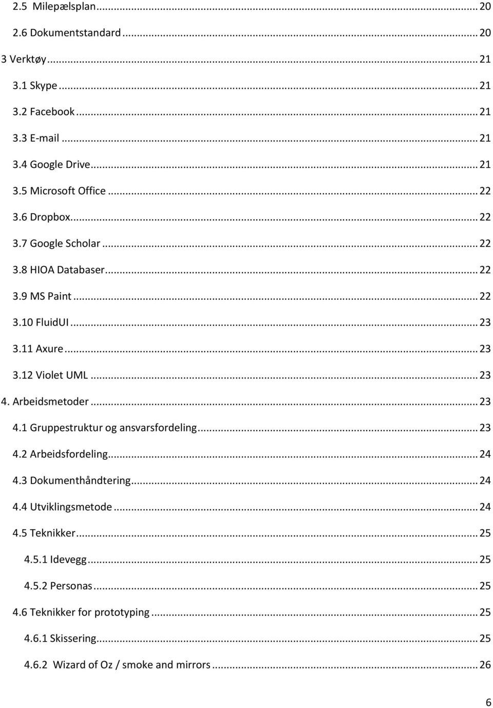 Arbeidsmetoder... 23 4.1 Gruppestruktur og ansvarsfordeling... 23 4.2 Arbeidsfordeling... 24 4.3 Dokumenthåndtering... 24 4.4 Utviklingsmetode... 24 4.5 Teknikker.