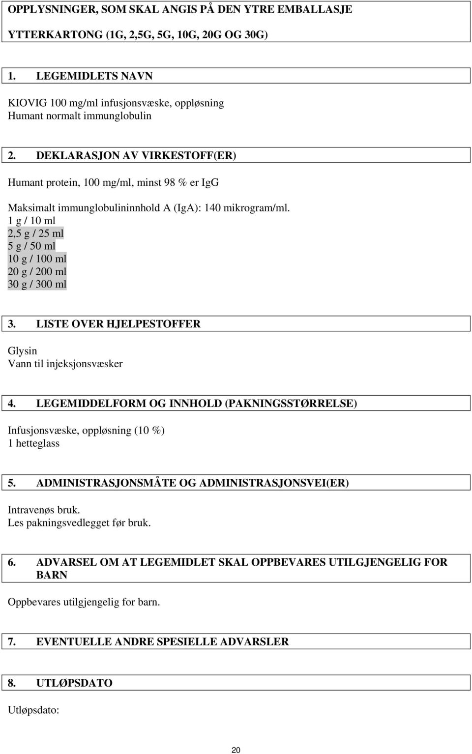 1 g / 10 ml 2,5 g / 25 ml 5 g / 50 ml 10 g / 100 ml 20 g / 200 ml 30 g / 300 ml 3. LISTE OVER HJELPESTOFFER Glysin Vann til injeksjonsvæsker 4.