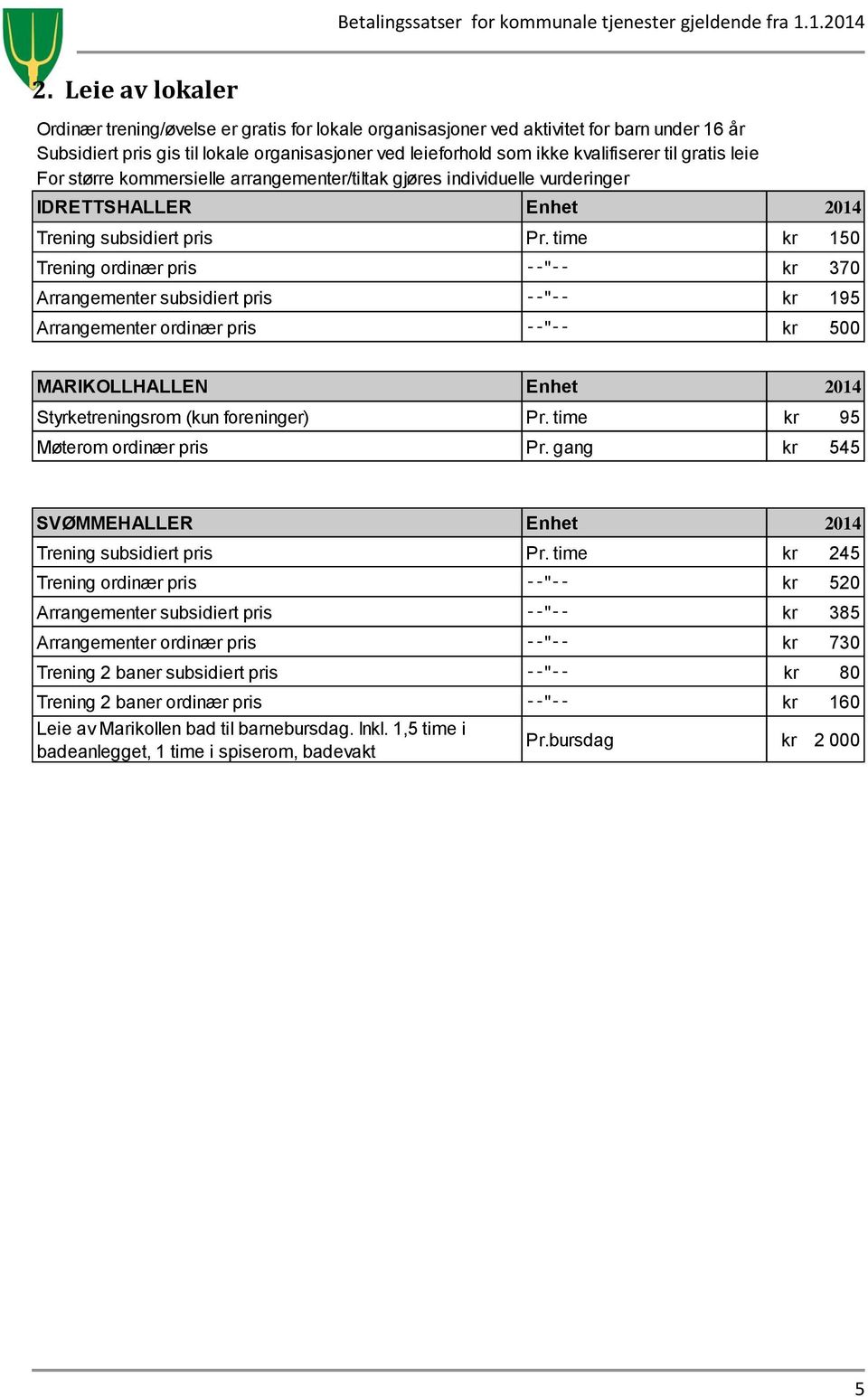 time kr 150 Trening ordinær pris " kr 370 Arrangementer subsidiert pris " kr 195 Arrangementer ordinær pris " kr 500 MARIKOLLHALLEN Enhet 2014 Styrketreningsrom (kun foreninger) Pr.