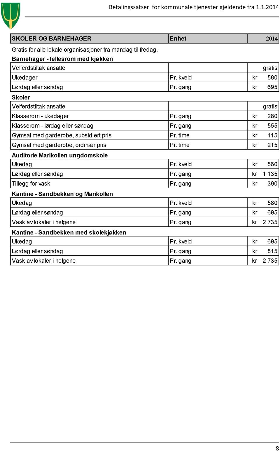 gang kr 555 Gymsal med garderobe, subsidiert pris Pr. time kr 115 Gymsal med garderobe, ordinær pris Pr. time kr 215 Auditorie Marikollen ungdomskole Ukedag Pr. kveld kr 560 Lørdag eller søndag Pr.