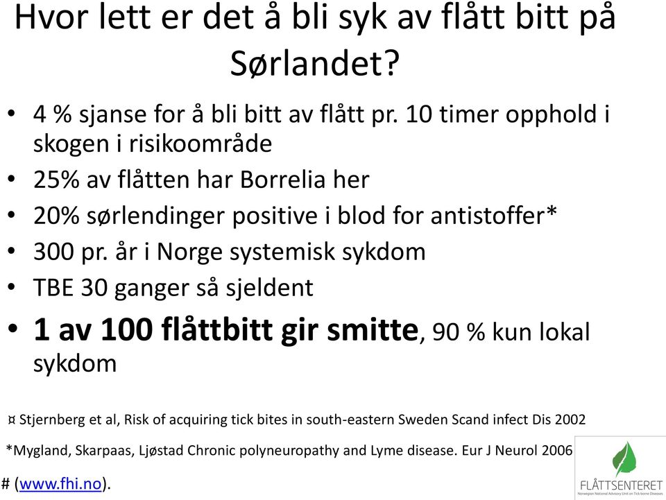 år i Norge systemisk sykdom TBE 30 ganger så sjeldent 1 av 100 flåttbitt gir smitte, 90 % kun lokal sykdom Stjernberg et al, Risk