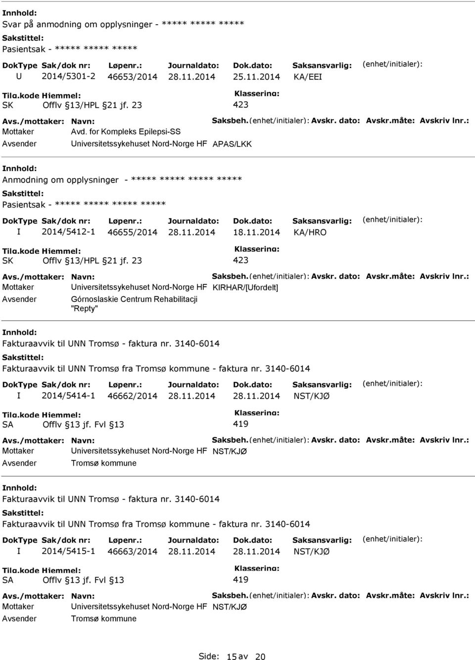 for Kompleks Epilepsi-SS niversitetssykehuset Nord-Norge HF AAS/LKK nnhold: Anmodning om opplysninger - ***** ***** ***** ***** asientsak - ***** ***** ***** ***** 2014/5412-1 46655/2014 18.11.