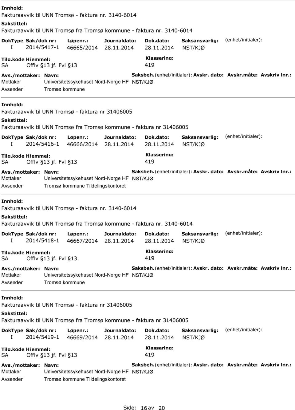 : Mottaker niversitetssykehuset Nord-Norge HF Tromsø kommune nnhold: Fakturaavvik til NN Tromsø - faktura nr 31406005 Fakturaavvik til NN Tromsø fra Tromsø kommune - faktura nr 31406005 2014/5416-1