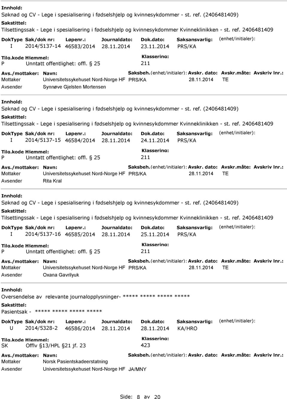 dato: Avskr.måte: Avskriv lnr.: Mottaker niversitetssykehuset Nord-Norge HF RS/KA TE Rita Kral nnhold: 2014/5137-16 46585/2014 25.11.2014 RS/KA nntatt offentlighet: offl. 25 Avs.