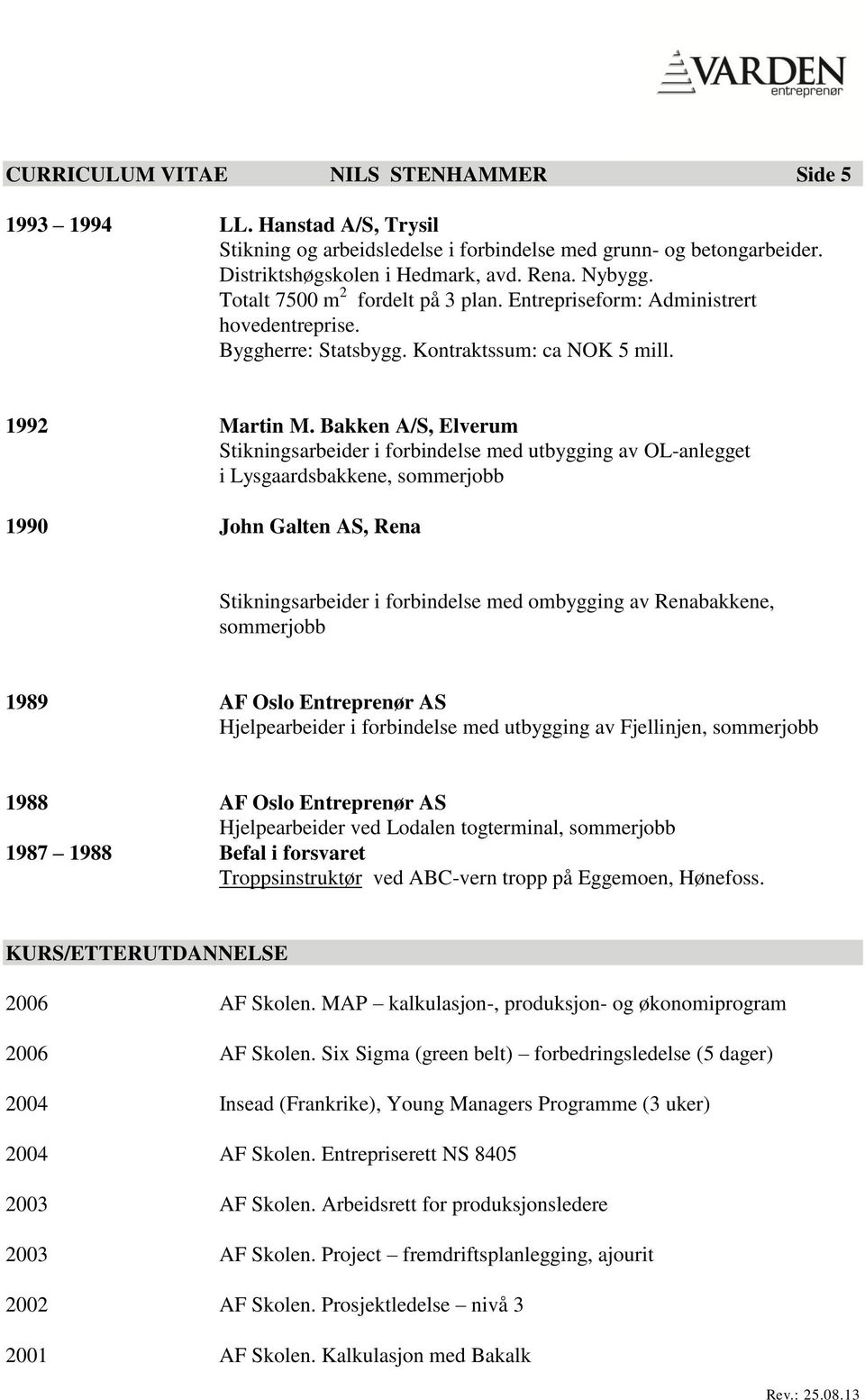 Bakken A/S, Elverum Stikningsarbeider i forbindelse med utbygging av OL-anlegget i Lysgaardsbakkene, sommerjobb 1990 John Galten AS, Rena Stikningsarbeider i forbindelse med ombygging av Renabakkene,