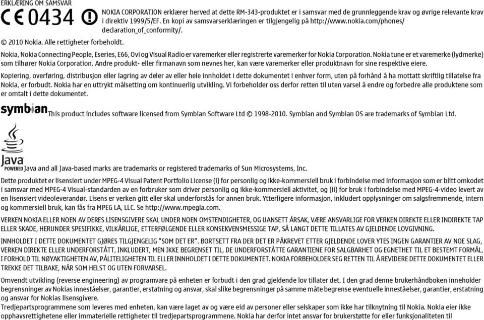 Nokia, Nokia Connecting People, Eseries, E66, Ovi og Visual Radio er varemerker eller registrerte varemerker for Nokia Corporation.