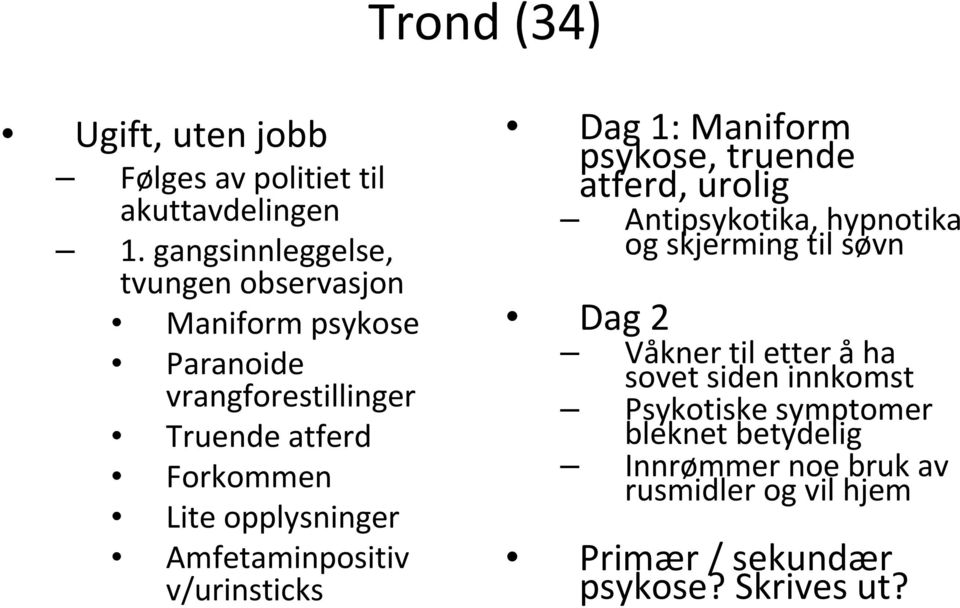 opplysninger Amfetaminpositiv v/urinsticks Dag 1: Maniform psykose, truende atferd, urolig Antipsykotika, hypnotika og