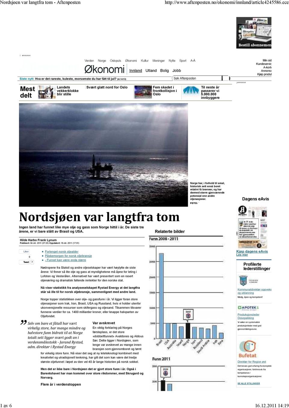 000 innbyggere Søk Nordsjøen var langtfra tom Ingen land har funnet like mye olje og gass som Norge hittil i år. De siste tre årene, er vi bare slått av Brasil og USA.