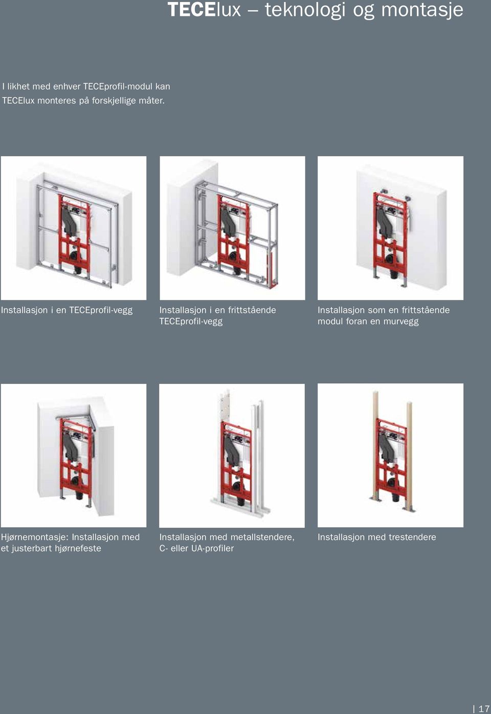 Installasjon i en TECEprofil-vegg Installasjon i en frittstående TECEprofil-vegg Installasjon som