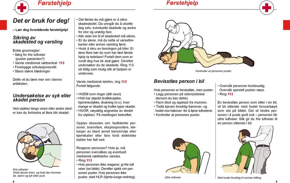 Undersøkelse av syk eller skadet person Ved ulykker langs veien eller andre steder kan du forhindre at flere blir skadet. Det første du må gjøre er å sikre skadestedet.