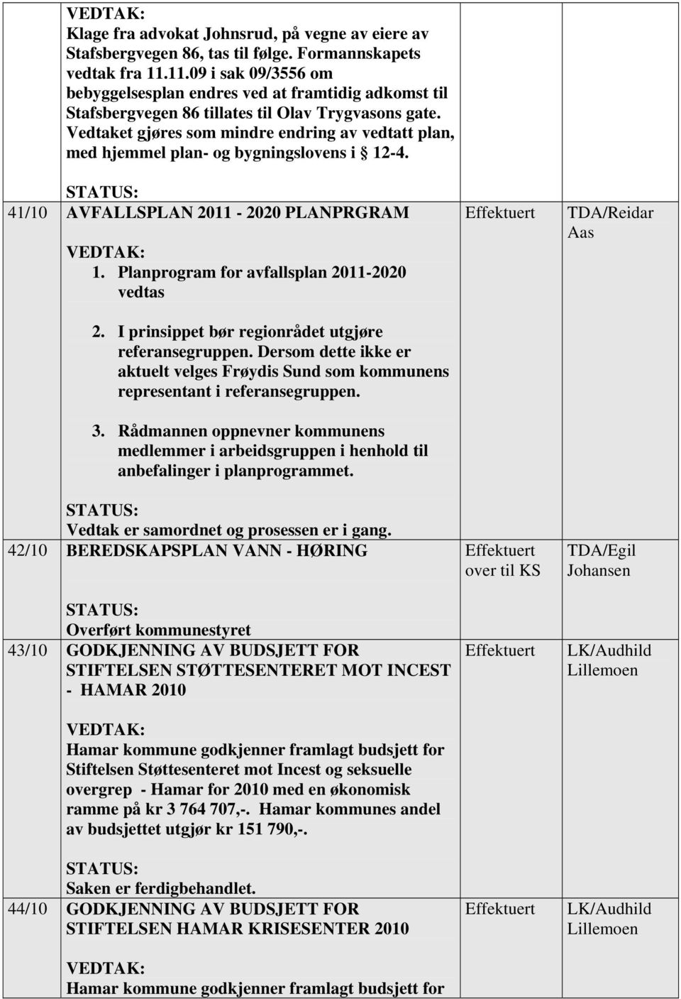 Vedtaket gjøres som mindre endring av vedtatt plan, med hjemmel plan- og bygningslovens i 12-4. 41/10 AVFALLSPLAN 2011-2020 PLANPRGRAM 1. Planprogram for avfallsplan 2011-2020 vedtas 2.