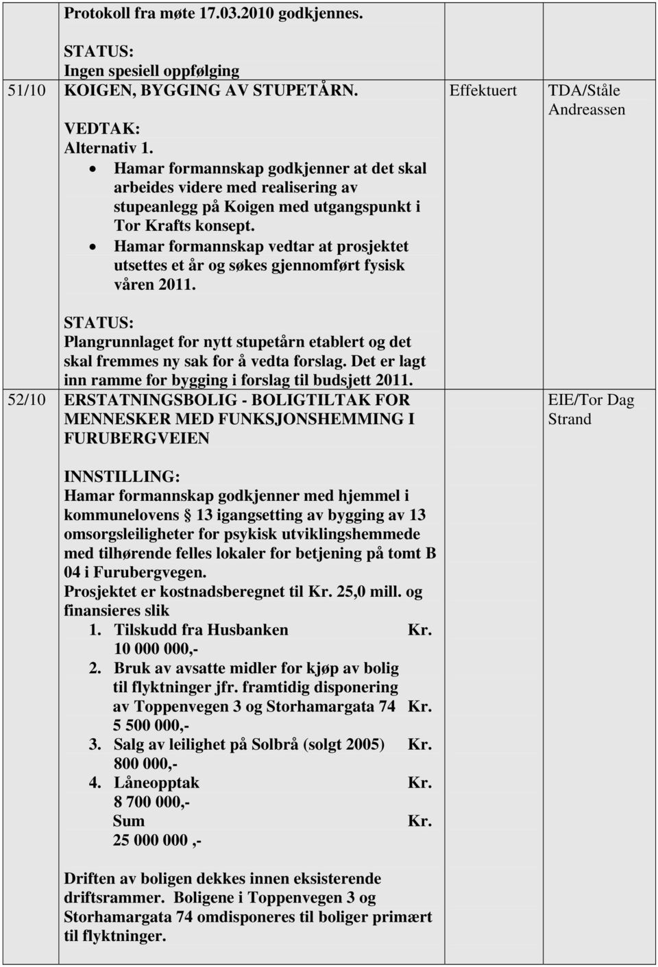 Hamar formannskap vedtar at prosjektet utsettes et år og søkes gjennomført fysisk våren 2011. Plangrunnlaget for nytt stupetårn etablert og det skal fremmes ny sak for å vedta forslag.