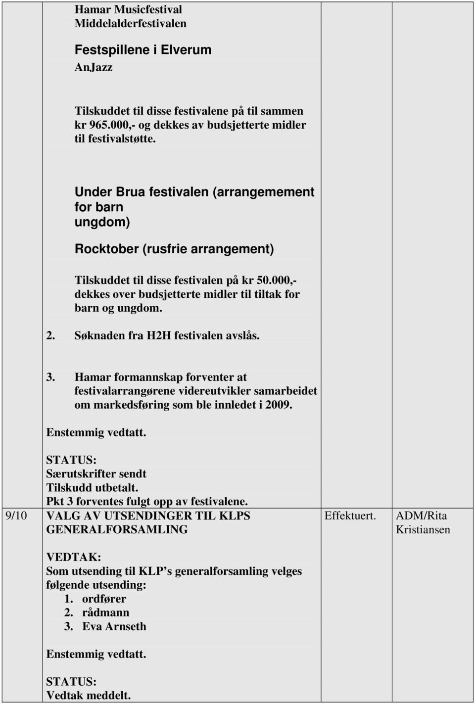 Søknaden fra H2H festivalen avslås. 3. Hamar formannskap forventer at festivalarrangørene videreutvikler samarbeidet om markedsføring som ble innledet i 2009. Særutskrifter sendt Tilskudd utbetalt.