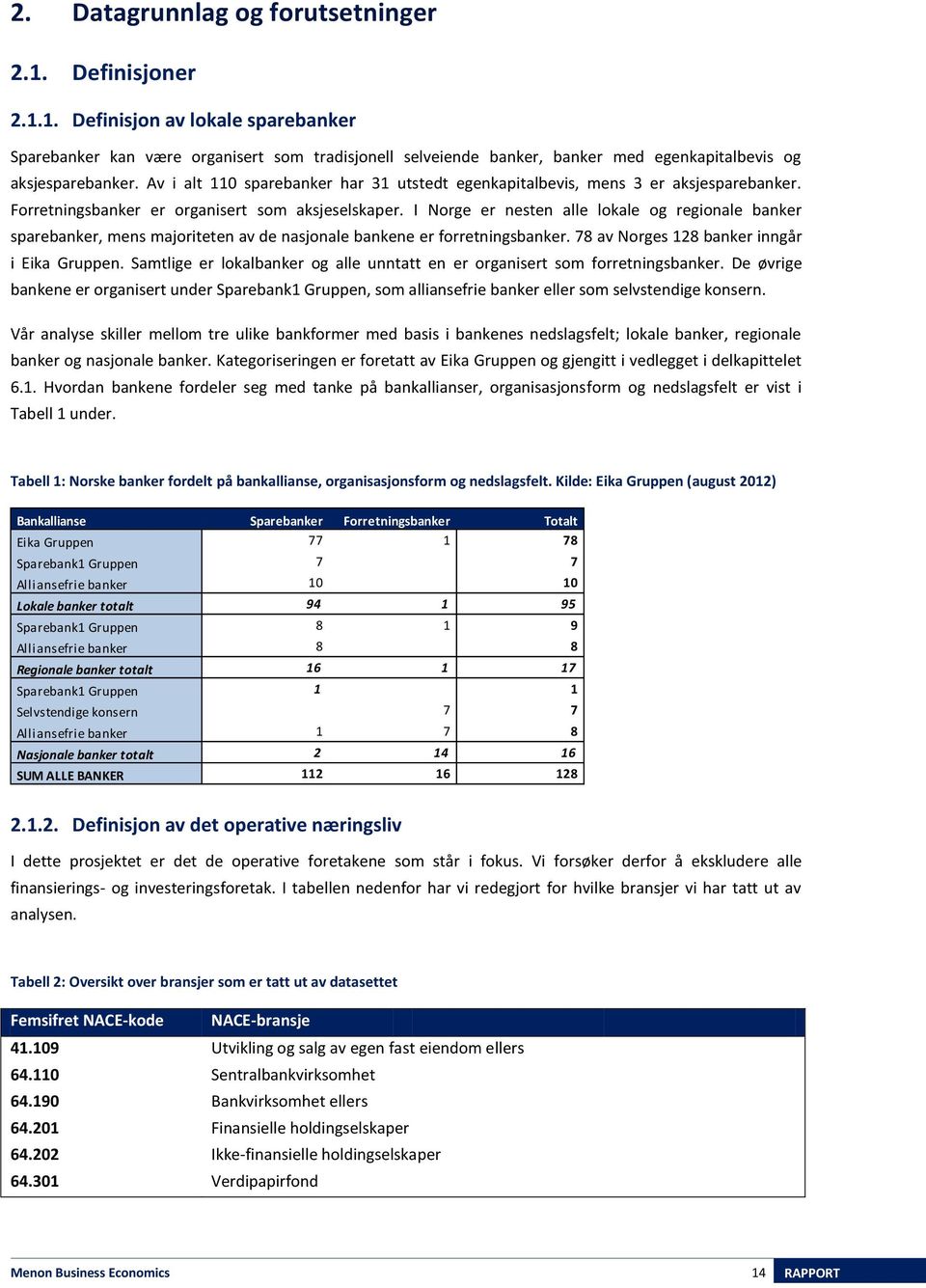 I Norge er nesten alle lokale og regionale banker sparebanker, mens majoriteten av de nasjonale bankene er forretningsbanker. 78 av Norges 128 banker inngår i Eika Gruppen.