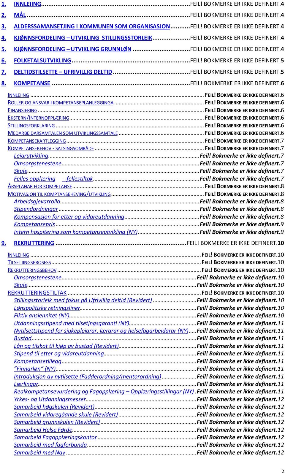 DELTIDSTILSETTE UFRIVILLIG DELTID...FEIL! BOKMERKE ER IKKE DEFINERT.5 8. KOMPETANSE...FEIL! BOKMERKE ER IKKE DEFINERT.6 INNLEIING... FEIL! BOKMERKE ER IKKE DEFINERT.6 ROLLER OG ANSVAR I KOMPETANSEPLANLEGGINGA.