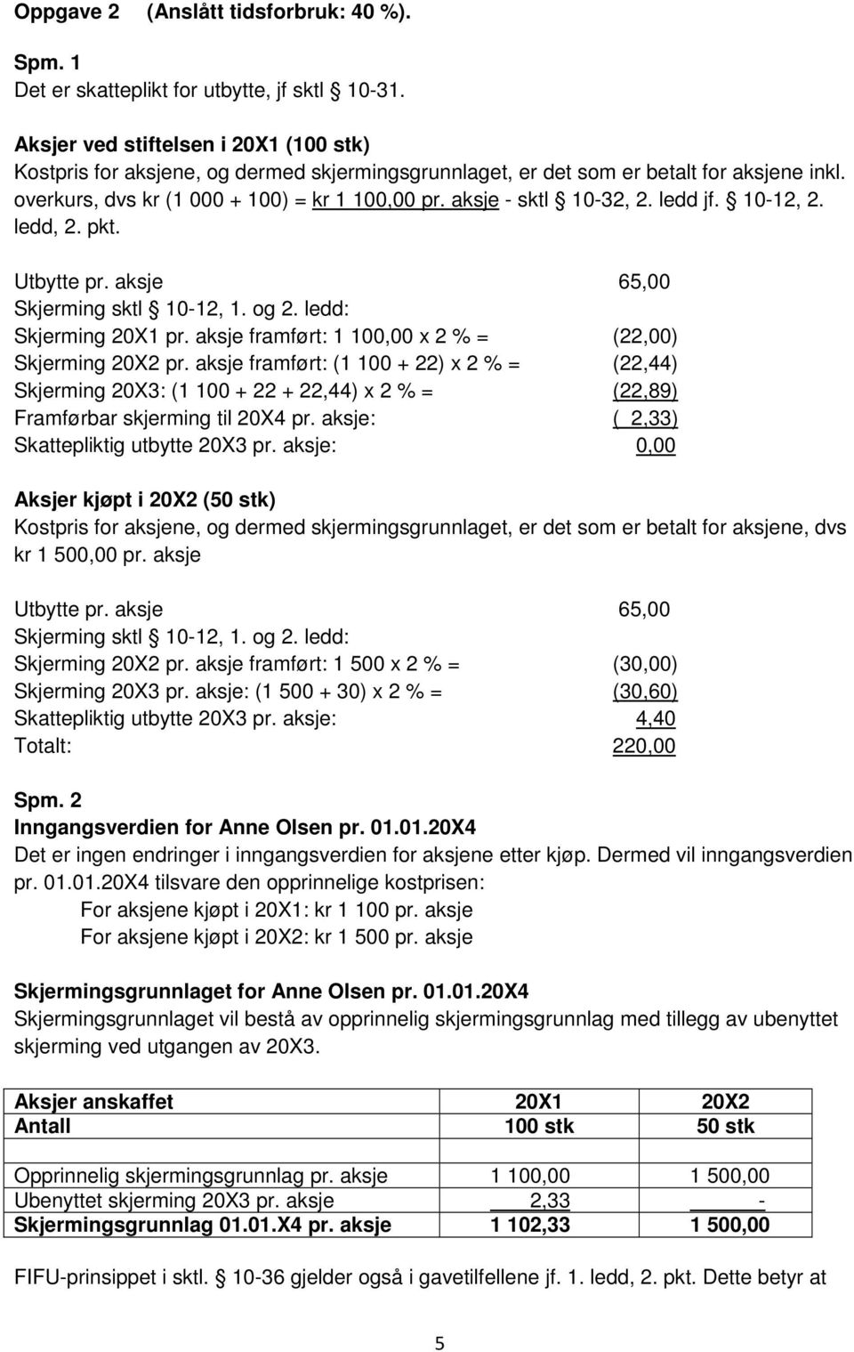 aksje - sktl 10-32, 2. ledd jf. 10-12, 2. ledd, 2. pkt. Utbytte pr. aksje 65,00 Skjerming sktl 10-12, 1. og 2. ledd: Skjerming 20X1 pr. aksje framført: 1 100,00 x 2 % = (22,00) Skjerming 20X2 pr.