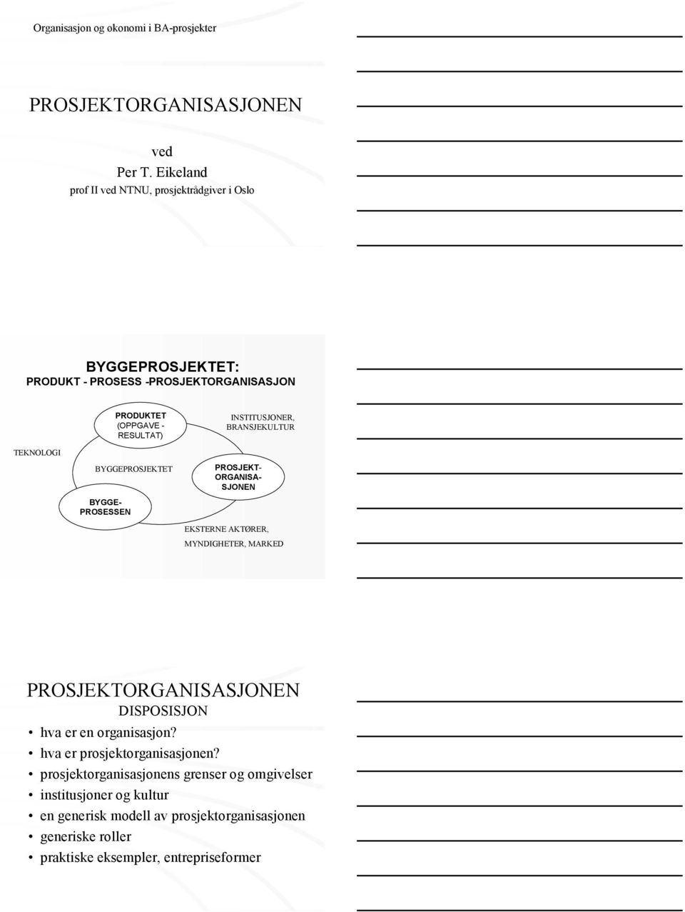 RESULTAT) BYGGEPROSJEKTET INSTITUSJONER, BRANSJEKULTUR PROSJEKT- ORGANISA- SJONEN EKSTERNE AKTØRER, MYNDIGHETER, MARKED PROSJEKTORGANISASJONEN