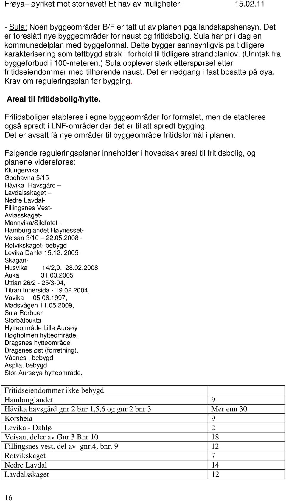 ) Sula opplever sterk etterspørsel etter fritidseiendommer med tilhørende naust. Det er nedgang i fast bosatte på øya. Krav om reguleringsplan før bygging. Areal til fritidsbolig/hytte.