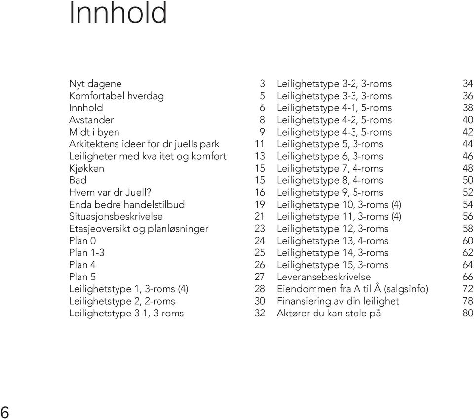 Leilighetstype 3-1, 3-roms 32 Leilighetstype 3-2, 3-roms 34 Leilighetstype 3-3, 3-roms 36 Leilighetstype 4-1, 5-roms 38 Leilighetstype 4-2, 5-roms 40 Leilighetstype 4-3, 5-roms 42 Leilighetstype 5,