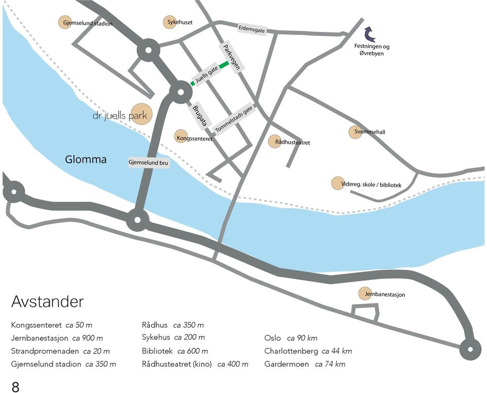 skole / bibliotek Avstander Jernbanestasjon Kongssenteret ca 50 m Rådhus ca 350 m Jernbanestasjon ca 900 m ykehus ca
