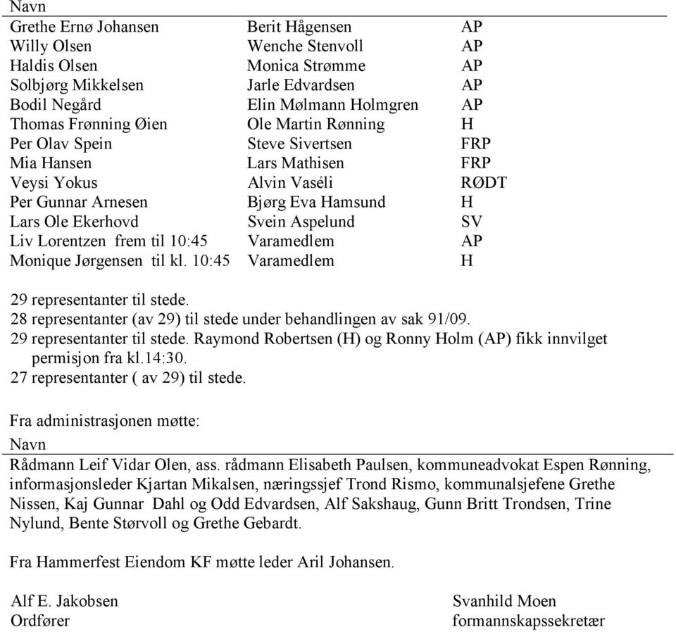 10:45 Alvin Vaséli Bjørg Eva Hamsund Svein Aspelund Varamedlem Varamedlem RØDT H SV AP H 29 representanter til stede. 28 representanter (av 29) til stede under behandlingen av sak 91/09.