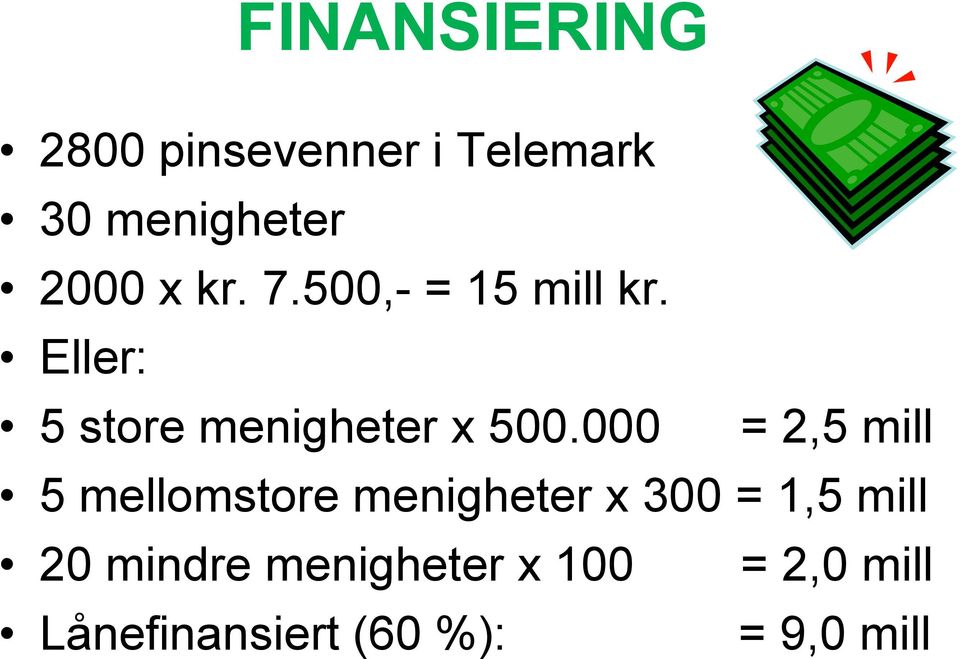 000 = 2,5 mill 5 mellomstore menigheter x 300 = 1,5 mill 20