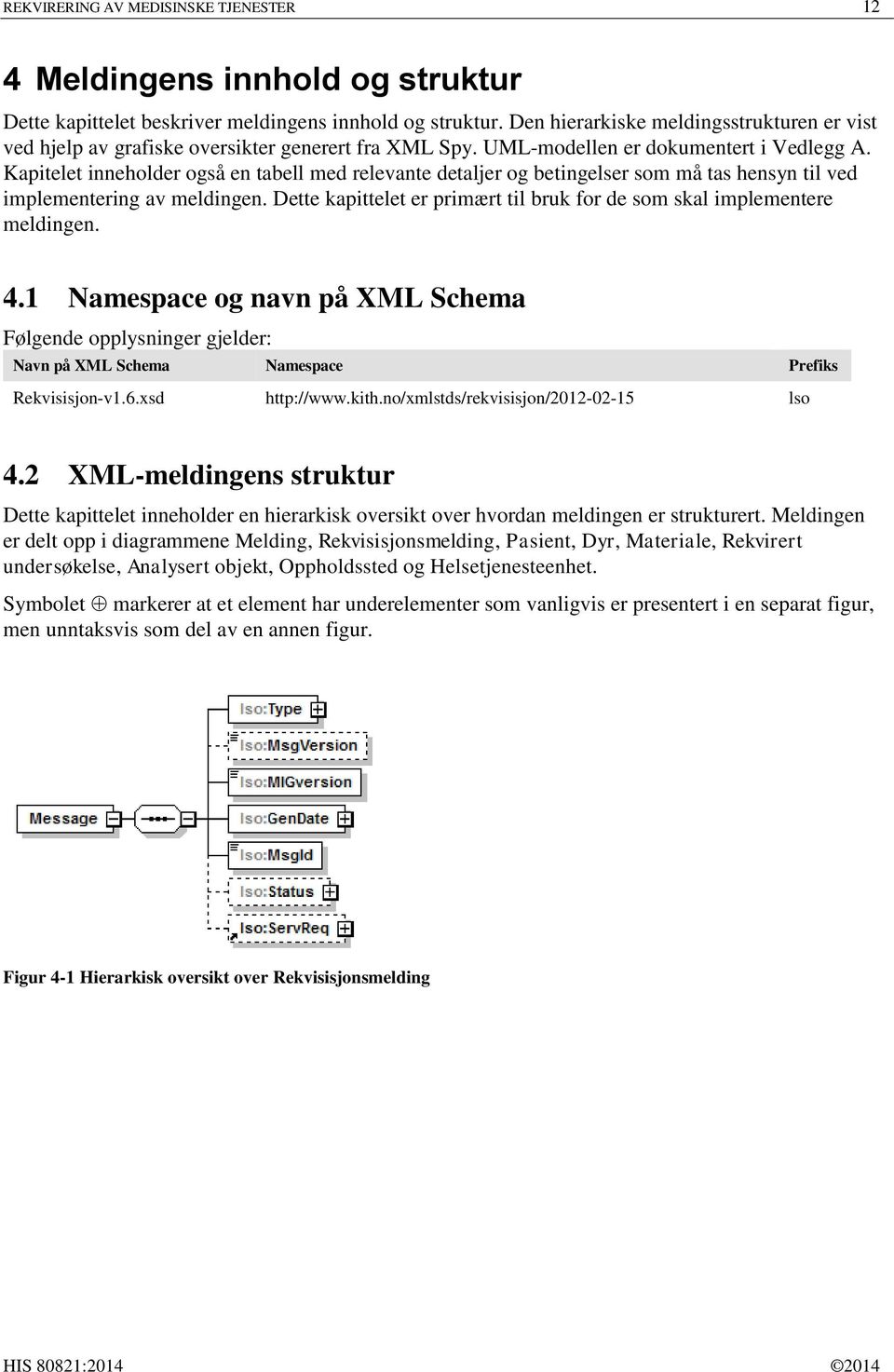 Kapitelet inneholder også en tabell med relevante detaljer og betingelser som må tas hensyn til ved implementering av meldingen.